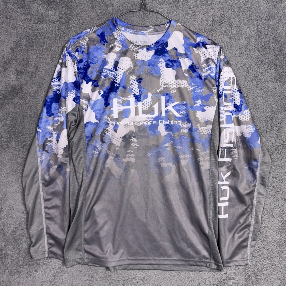 HUK Performance Fishing Shirt Mens Small White Blue Camo Long Sleeve Stretch